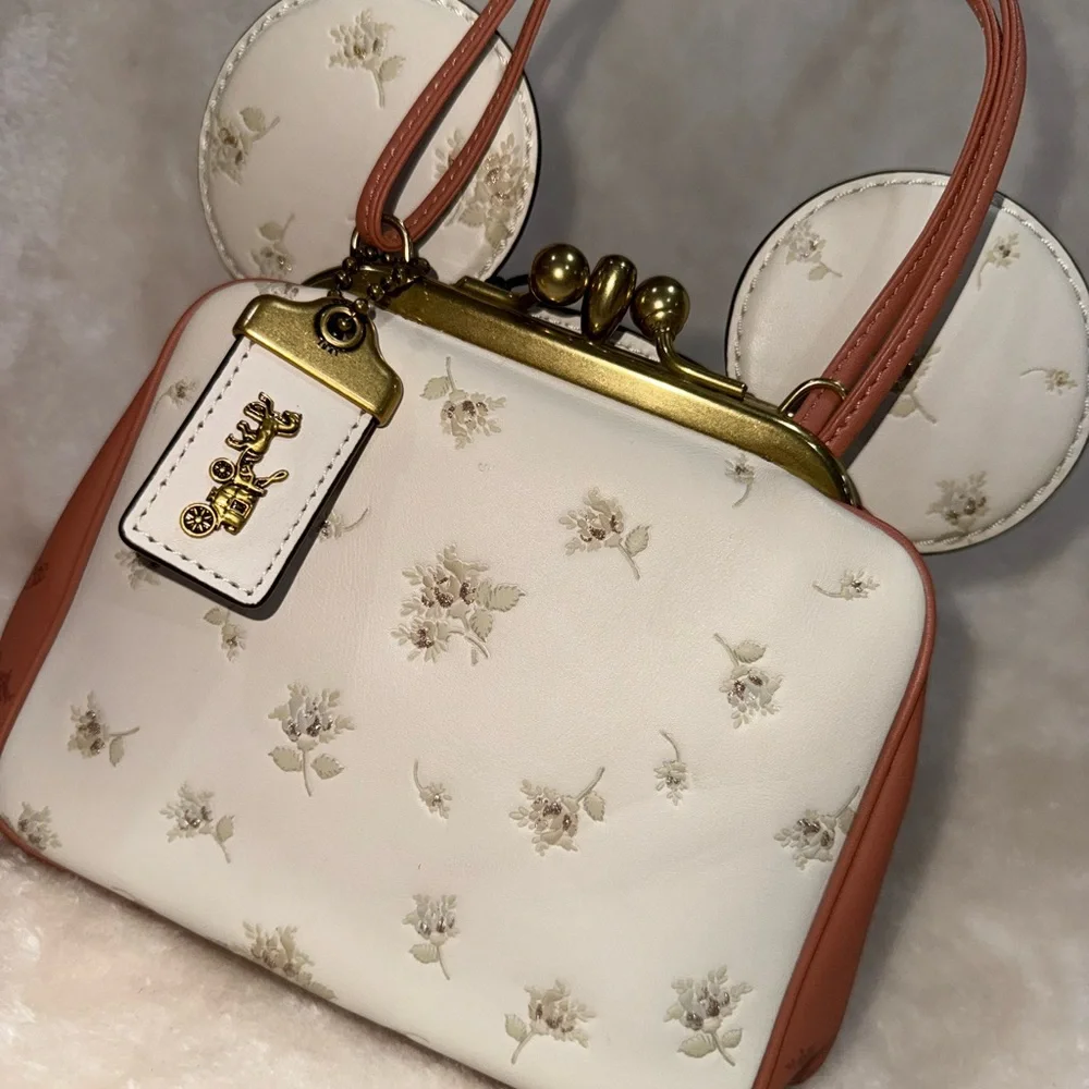 Limited Disney x Coach Minnie Mouse Kisslock Bag Cream & Pink Floral Print New! - Picture 8 of 17
